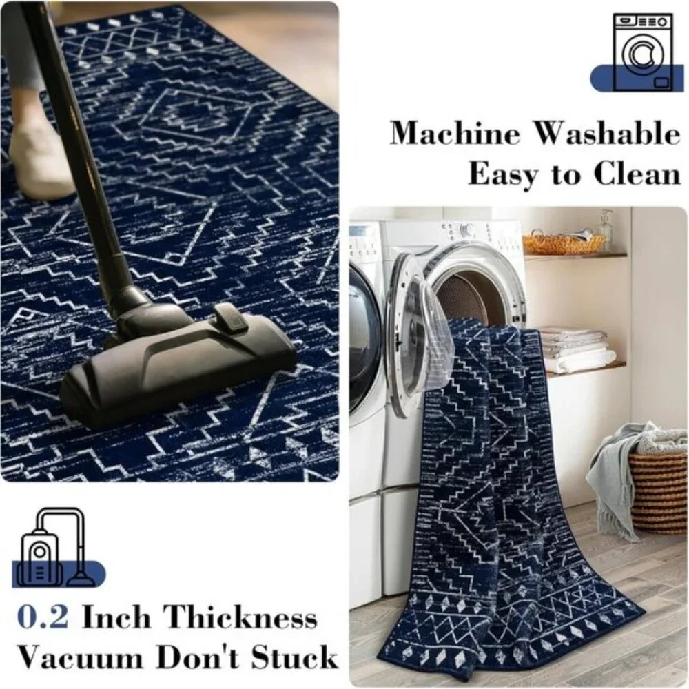 New 3x5 Blue Moroccan Rug, Washable Non-Slip Geometric Carpet for Entry & Home